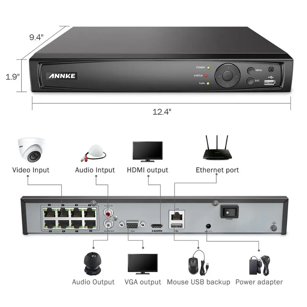 Annke 8mp 8ch Poe Videorecorder 4K H.265 Bewegingsdetectie Nvr Voor Hd Poe 2mp 4mp 5mp 6mp 8mp Ip Camera Home Surveillance Security