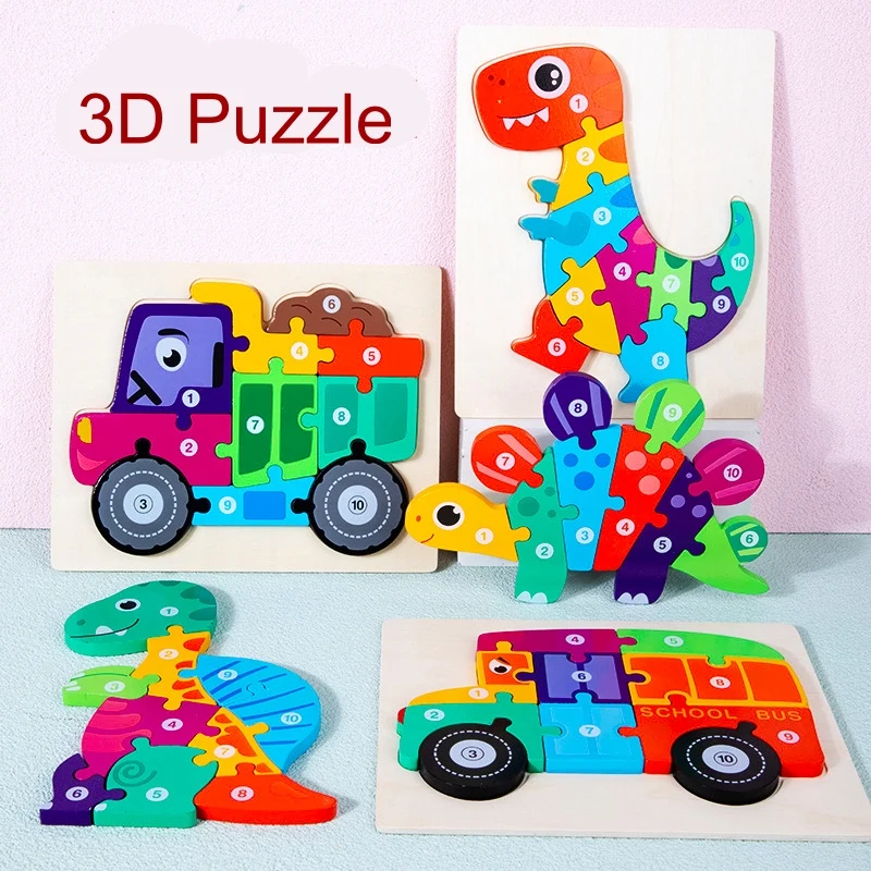 3D Wooden Puzzle Montessori Grasp Boards Cognitive Blocks Dinosaur Traffic Cars Learning Preschool Educational Interactive Games