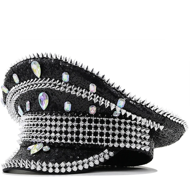 

Y166 Sparkling Captain Hat Heavy Crystal Sequins Charm Hat for Bachelorette Party Captain Hat Bride Hat for Actor Actress