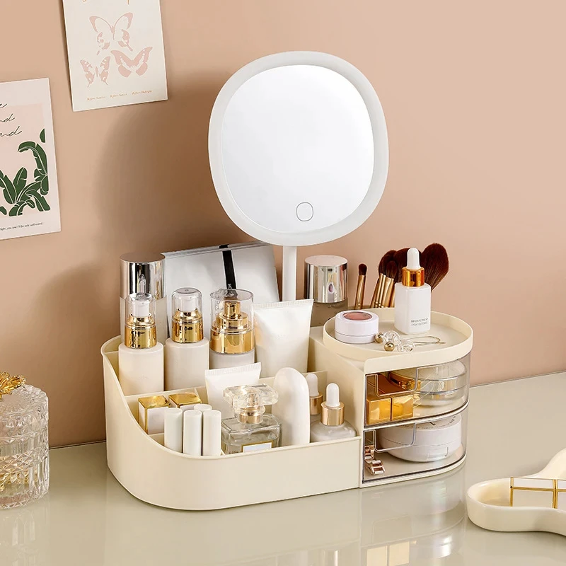 Makeup Storage Box With Mirror Desktop Dressing Table Makeup Mirror Cosmetics Jewelry Storage Box Touch Light Storage Organizer 4