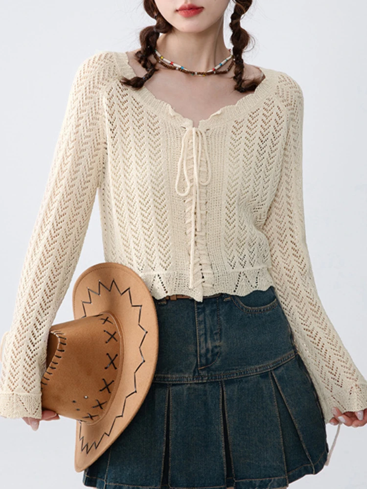 

Summer blouse gentle wind V-neck coat 2023 new student drawstring design sense-age shirt knit