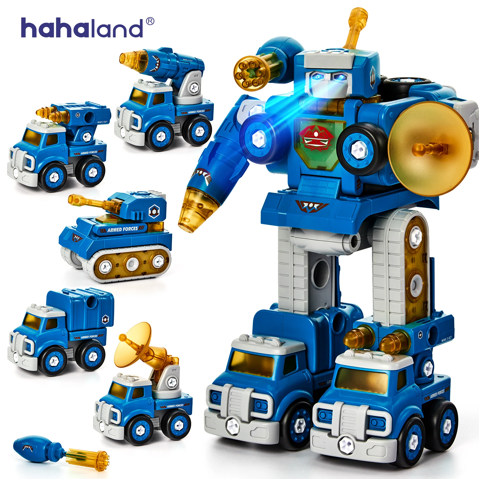 mcfarlanetoys Hahaland Transformation Robot Toys Vehicle Set 5 in 1 Screw Assembly Deformation Sound Toy Flash Action Figure Car Gift for Kids neca toys