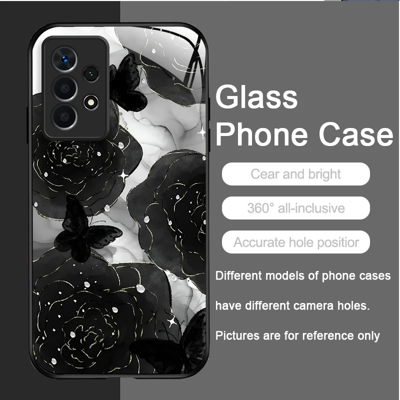 Luxury Black Rose Flower Graphic Tempered Glass Phone Case Cover