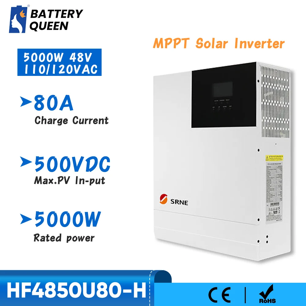 

SRNE 5000W 48V Hybrid Solar Inverter 110V 120V AC Build-in MPPT 80A Solar Charger Controller PV-input 100V DC OFF Grid System