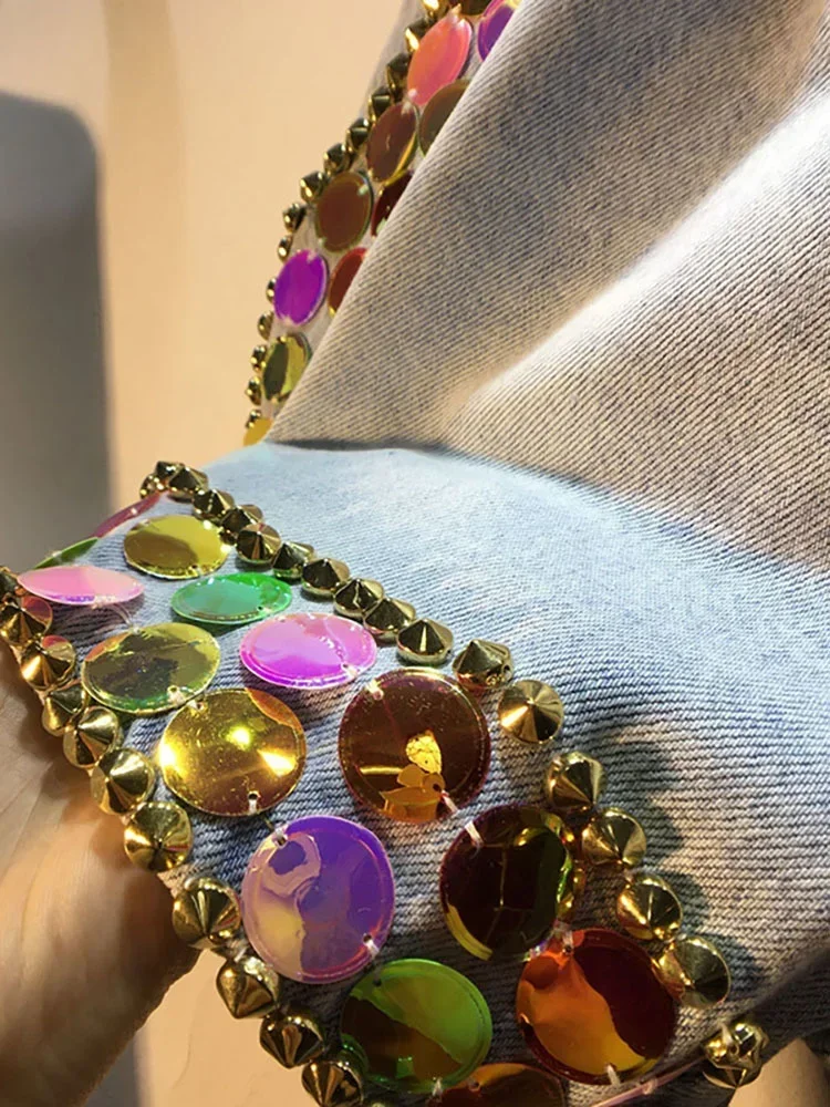 New Women's Denim Shorts Loose Elastic Waist Rivet Colorful Big Sequins Wide Leg Short Jeans 2024 Summer New Fashion 29L1084