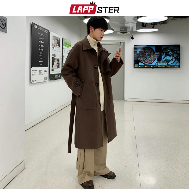 

LAPPSTER Winter Korean Fashion Woolen Long Trench Coat Harajuku Streetwear Men Windbreaker Warm Casual Vintage Jackets Coats