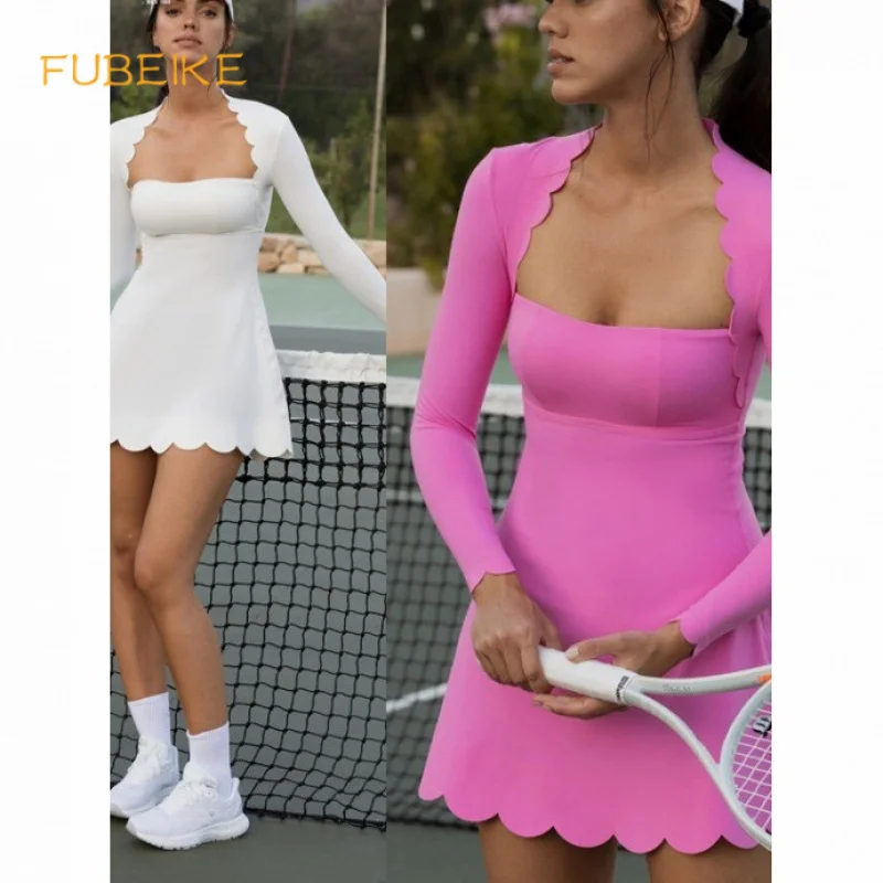 Tennis Clothes Women Long Sleeve Wave Lace Golf Wear Tennis Skirt Breathable Quick-Drying Yoga One-Piece Dress Sports Clothing