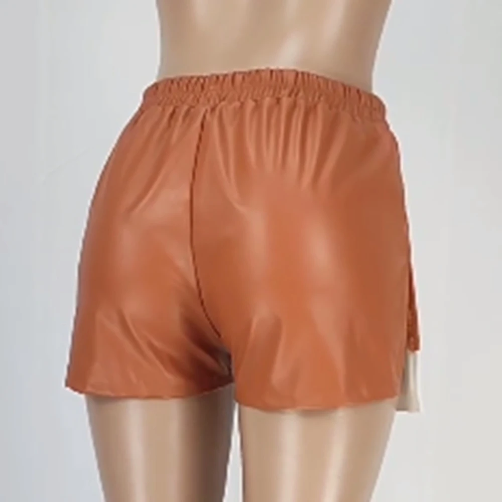 2023 Women's Casual Fitness Femme Summer Hem Split PU Leather Drawstring Shorts Pocket Stitching Lace-up Sports Streetwear S-2XL