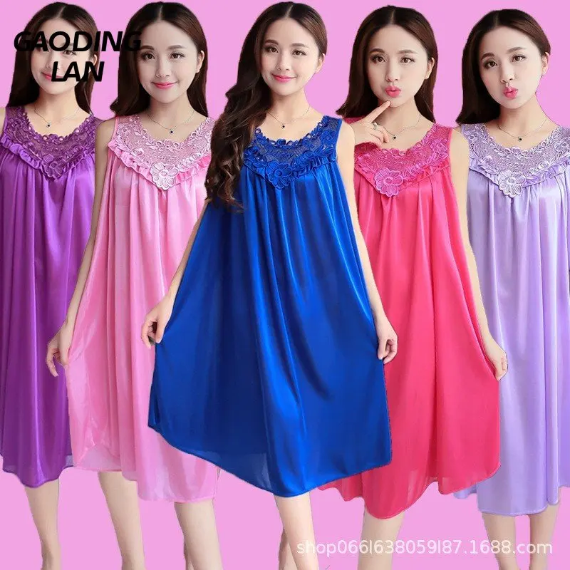 

Gaodinglan Women Imitation Silk Lace Hollow V Neck Slip Nightgown Solid Fairy Nightdress Summer Thin Sexy Sling Sleepwear Female