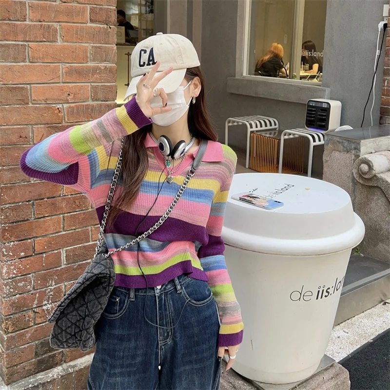

Rainbow Striped Polo Collar Knit Sweater Long Sleeve Top Women