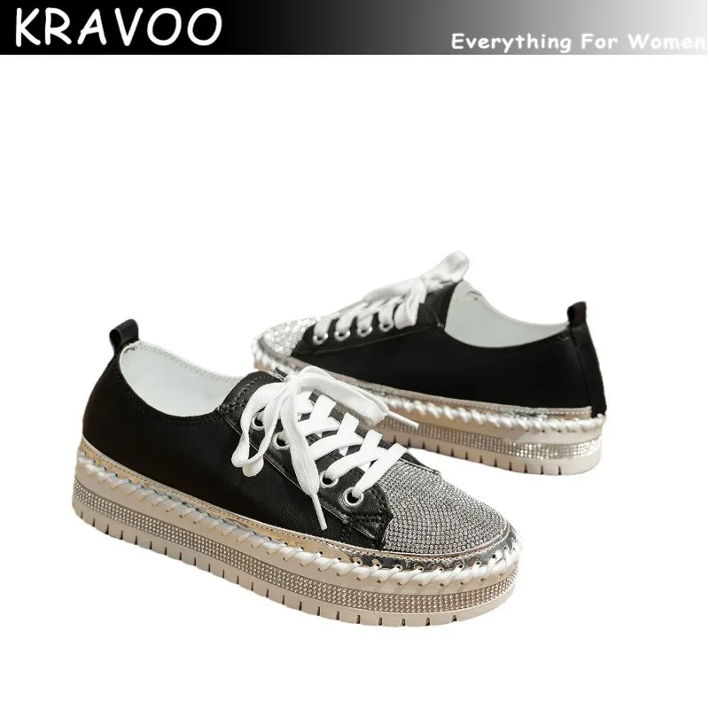 KRAVOO Rhinestone Women Shoes Lace-up Flatform Shoes Tennis Female