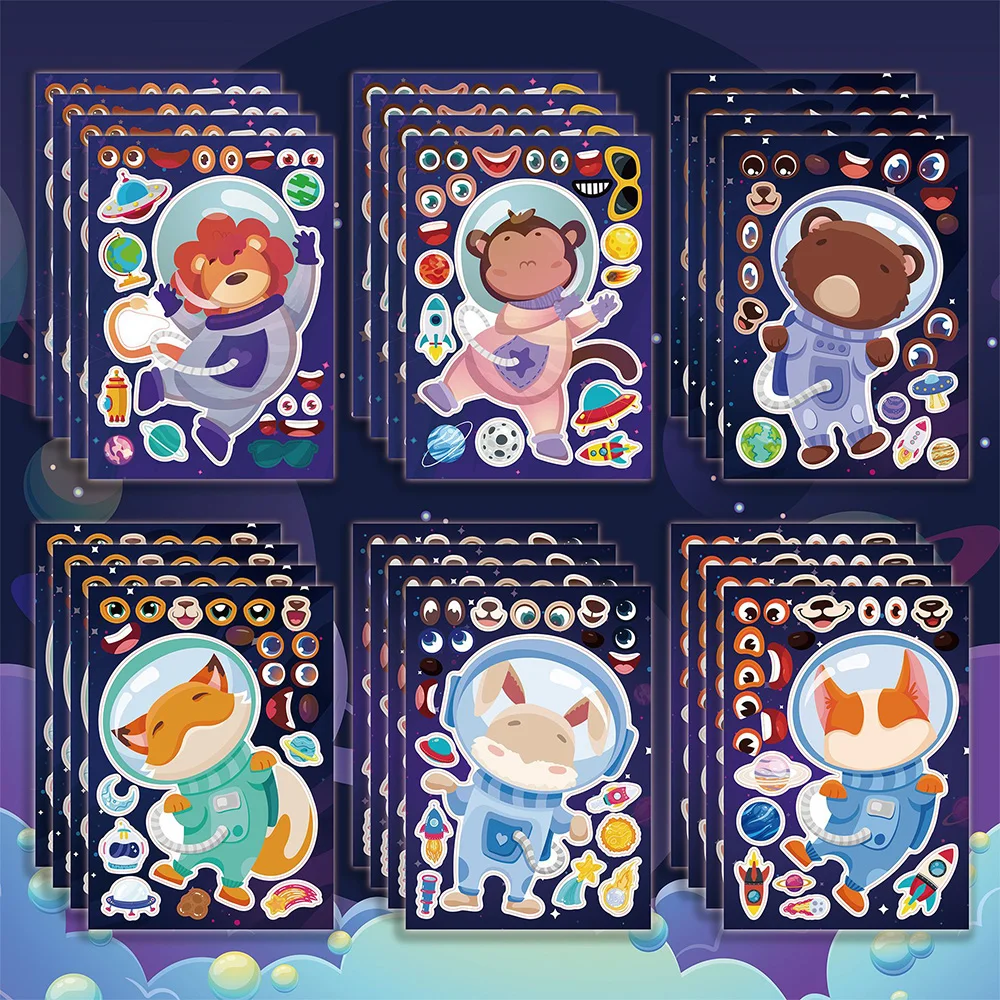 

6/12 листов, детские наклейки, игра-головоломка с изображением лица, космические животные, астронавты, наклейки, сделай сам, вечерние принадлежности для девочек и мальчиков, школьная наградная наклейка