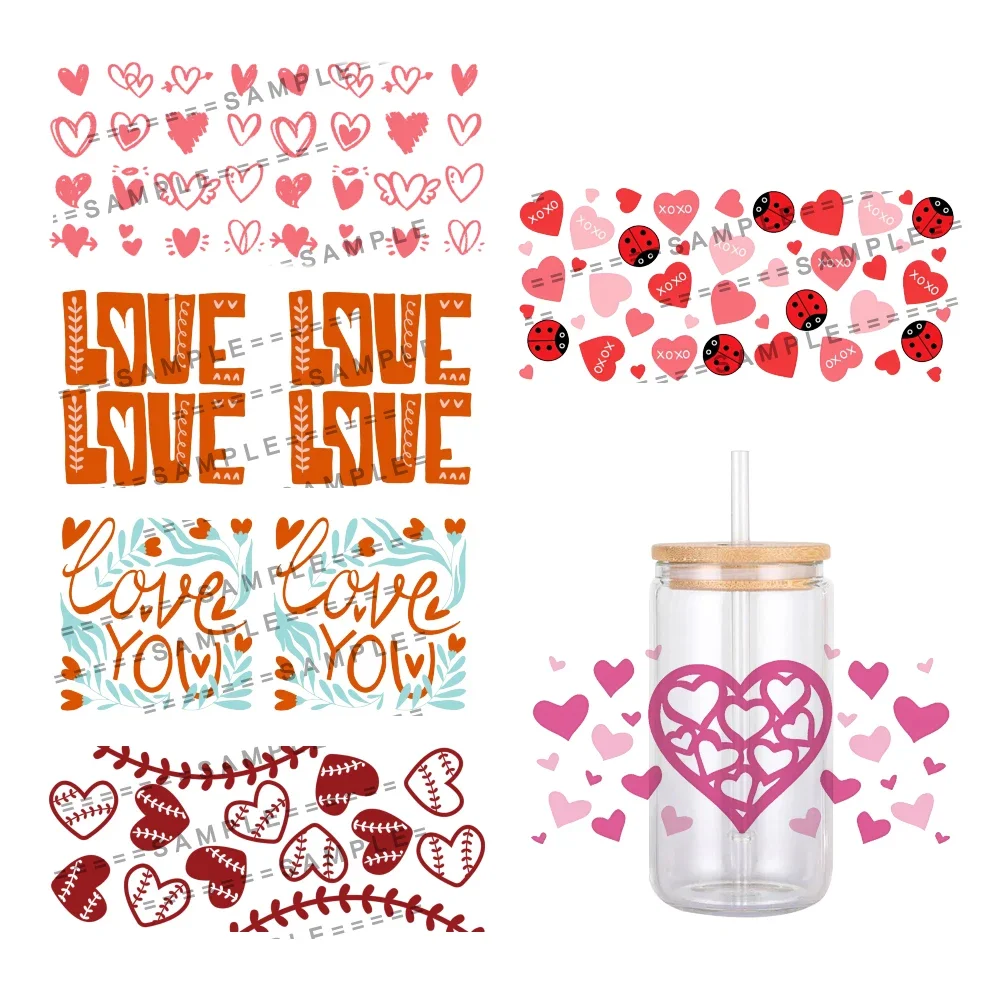11x24cm Mini Sweet Love Heart Pattern Valentine's Day UV DTF Transfer Sticker Waterproof For 16oz Glass Cup Wrap Stickers