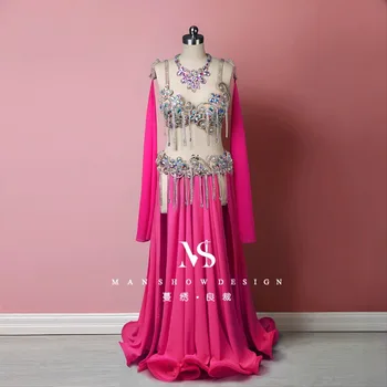 Customized Belly Dance Set Performance Costume Full Diamond Tassel Bra Waist Seal Necklace Large Swing Skirt Floating Sleeve Set