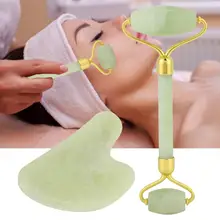 

2pcs Double Head Natural Stone Jade Roller Body Scraping Massager Tool Set Anti-aging Anti-wrinkle Face-lift Green Gua Sha Board