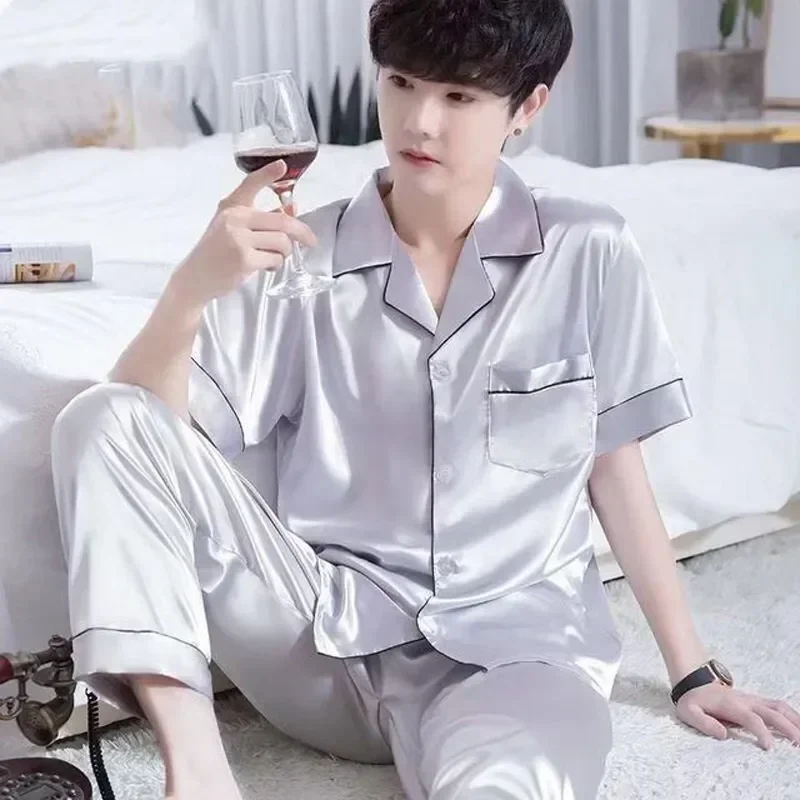Short Men Silk Summer Satin Pyjama Wear For Pajamas Lounge Pijama Color Home Night Pants Pajama Set Sleeve Male Suit Men's Solid