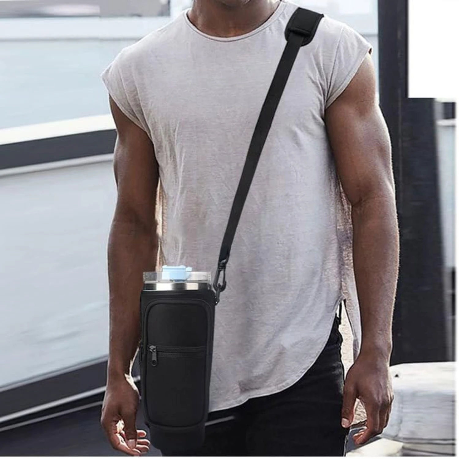 Versatile, Comfortable, and Adjustable Neoprene Water Bottle Carrier Bag with Thick Padded Shoulder Strap-Perfect for Travelin