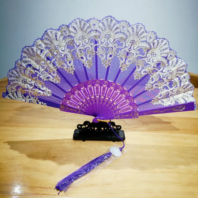 

Oriental Aesthetics Purple Folding Fan With Tassels Gold Stamp Chinese Traditional Auspicious Cloud Pattern Hand Fan Accessories