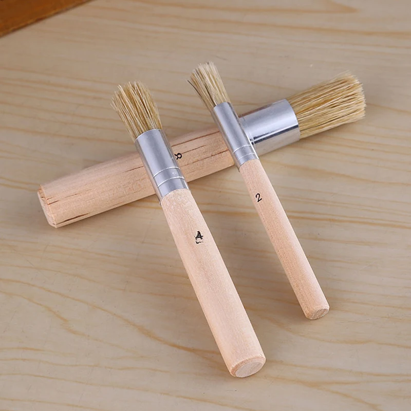 3PCS Wooden Stencil Brush Chalk Paint Natural Pure Hog Bristle Round Painting Arts Supplies 4