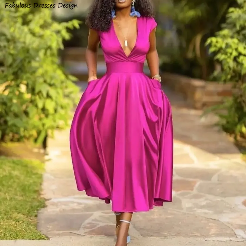 

Fuchsia Tea Length Prom Dresses Satin A-line Peckets Cap Sleeve Women Evening Dress Deep V-neck Wedding Party Gown