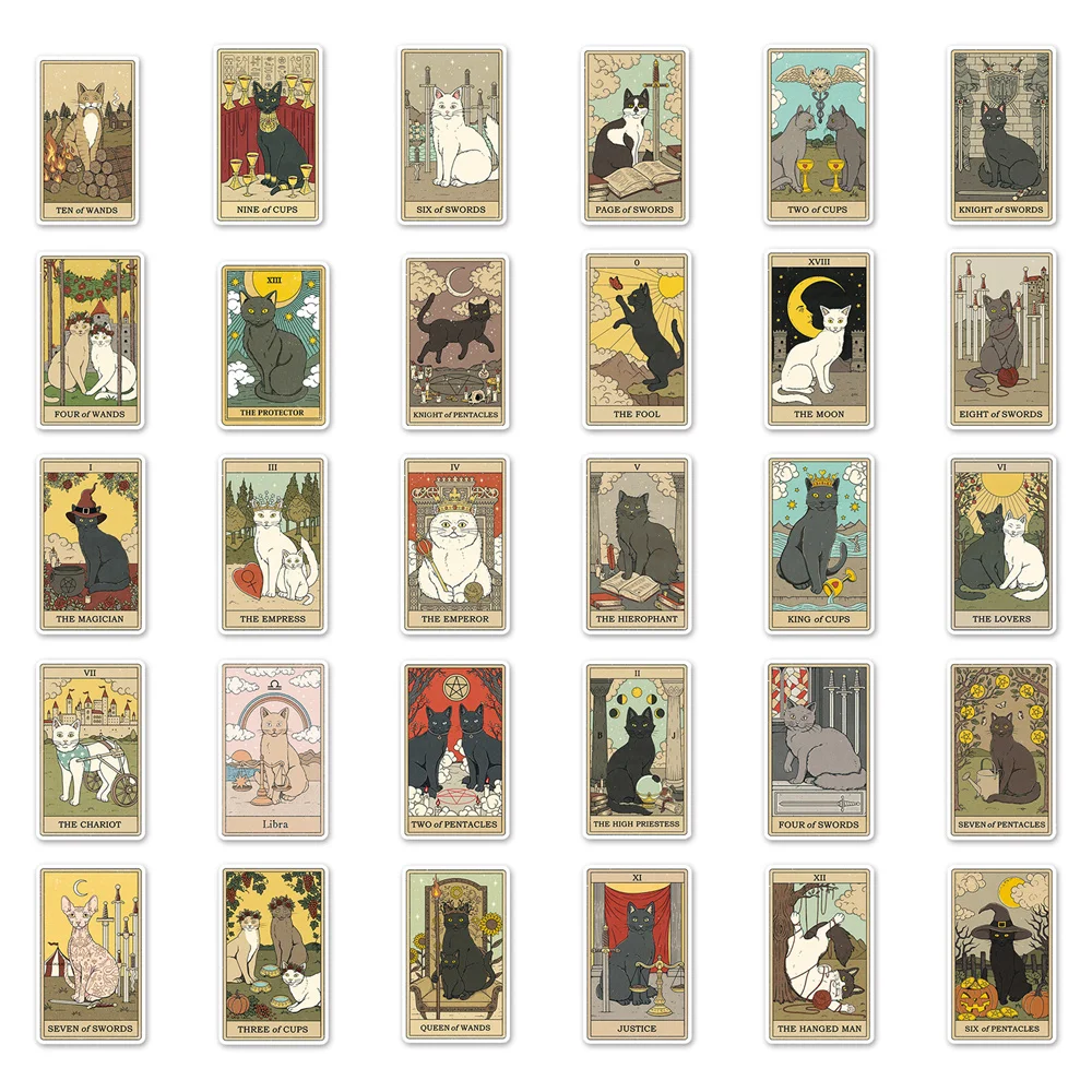 50/62pcs Retro Cat Tarot Stickers Scrapbook Stationery Ipad Vintage Sticker Aesthetic Scrapbooking Material Craft Supplies decorative stickers,paper stickers,animal stickers