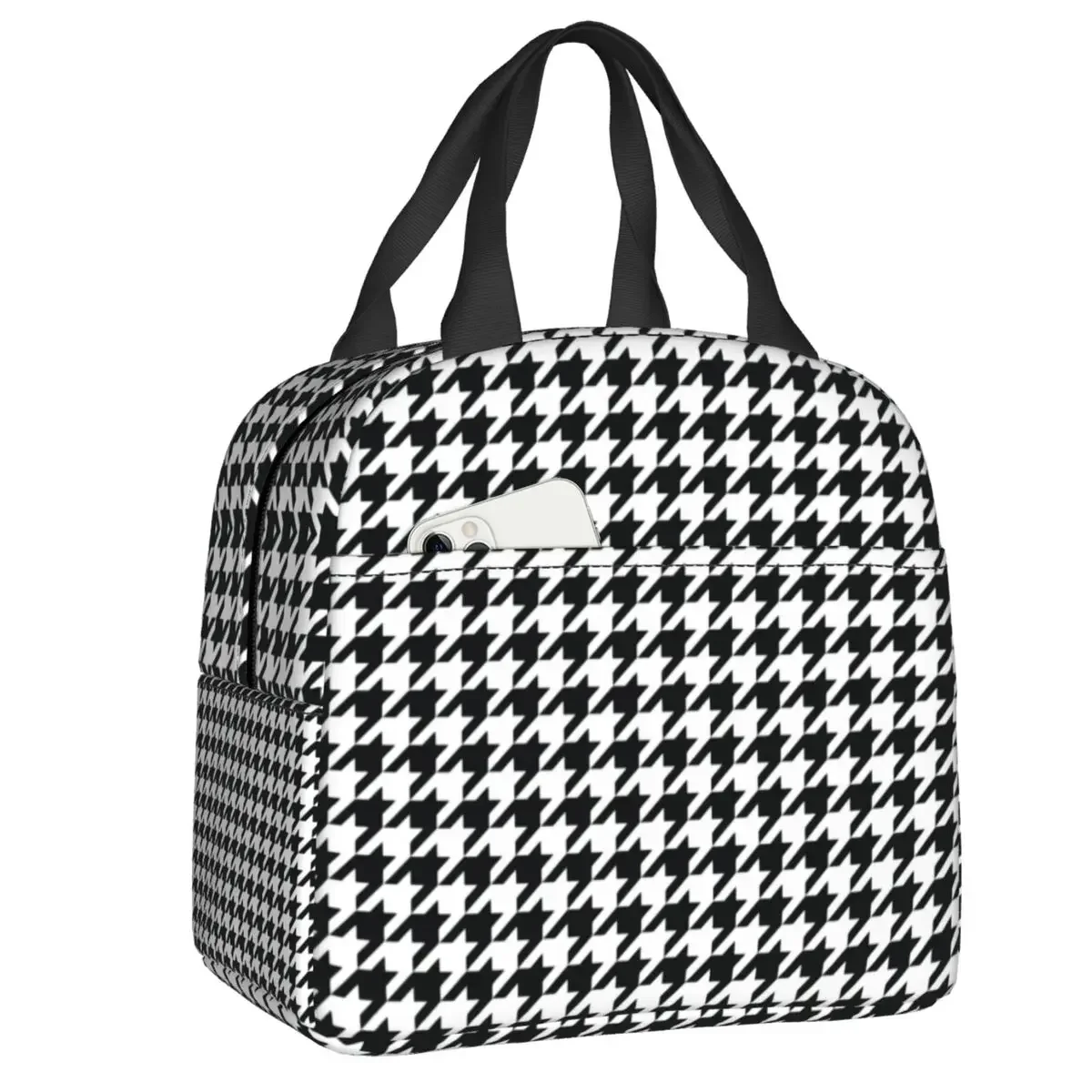 

Houndstooth Black And White Pattern Insulated Lunch Bag Unisex Resuable Dogstooth Thermal Cooler Lunch Tote Office Work School