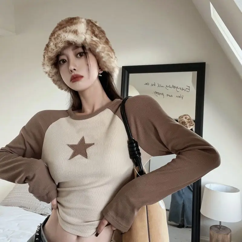 

Deeptown Kpop Vintage Star Brown Crop Tops Women Hippie Korean Fashion Patchwork Slim Top Harajuku Long Sleeve T-shirts Female