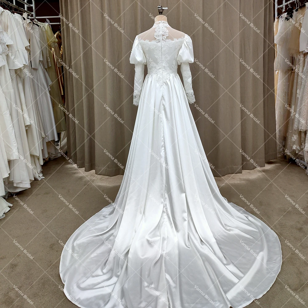 French Vintage High Neck Wedding Dress Long Sleeves Satin Appliques Beading A Line Customized Hepburn Zipper Retro Bridal Gowns 6