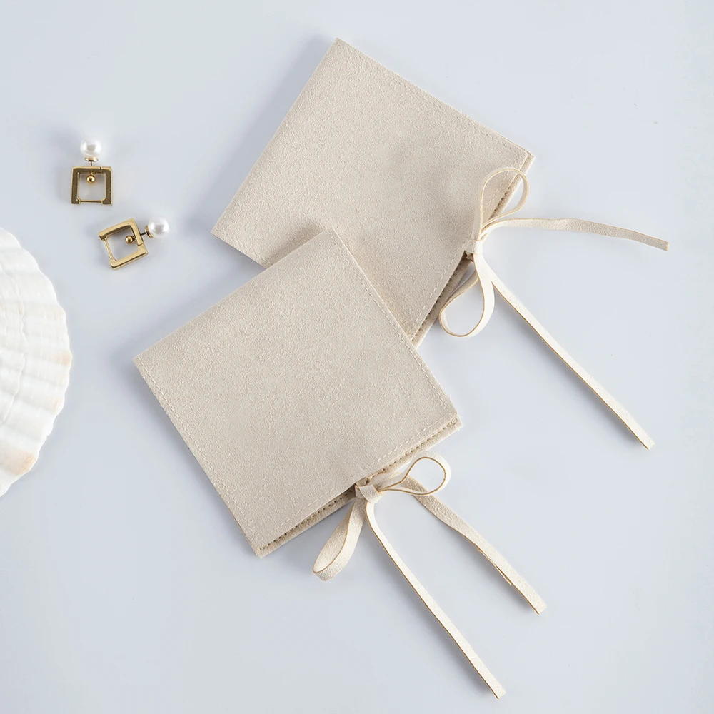 Microfiber Jewelry Gift Bags 8x8cm Mini Size Cream Velvet Organizer Packaging For Rings Earrings Tarot Card  Wedding Favors Bulk