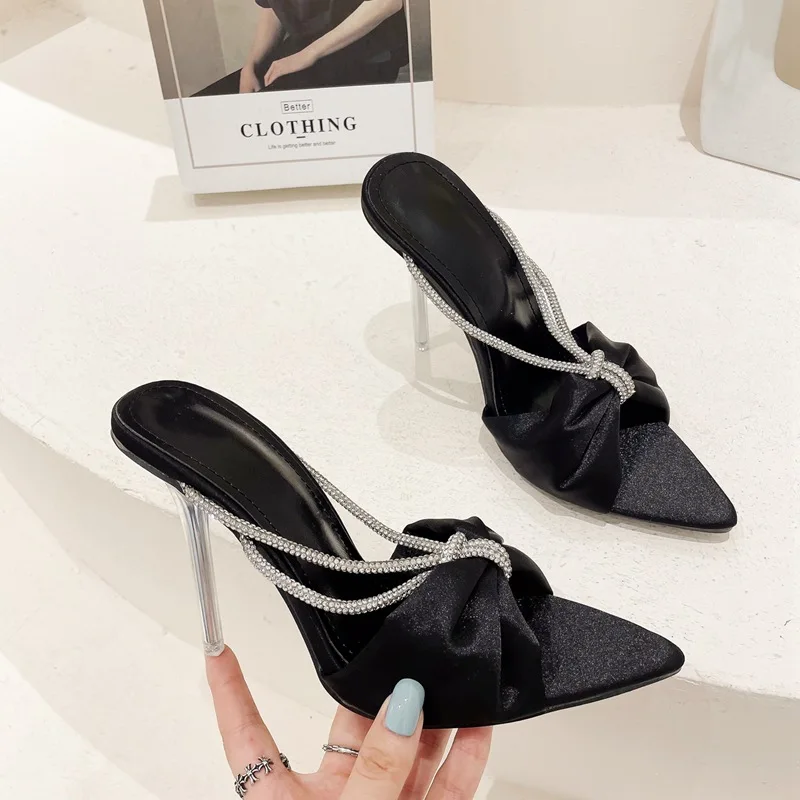 TSTCTB Satin Crystal Women Slippers Party Sexy Fashion Pointed Toe Transparent Perspex Stiletto High Heels Summer Party Shoes