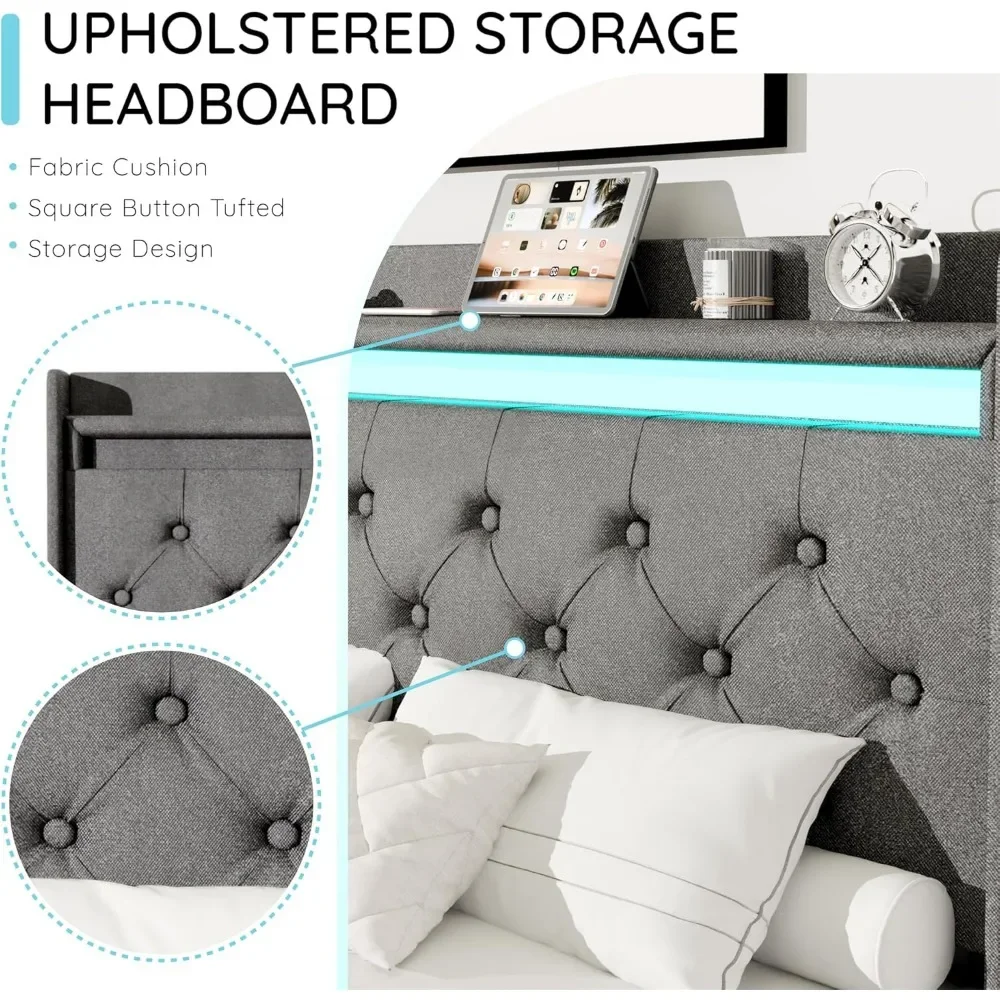 Bed Frame with Headboard, Platform Bed Frame with LED Lights&4 Storage Drawers, Button Tufted Fabric Upholstered Headboard 3