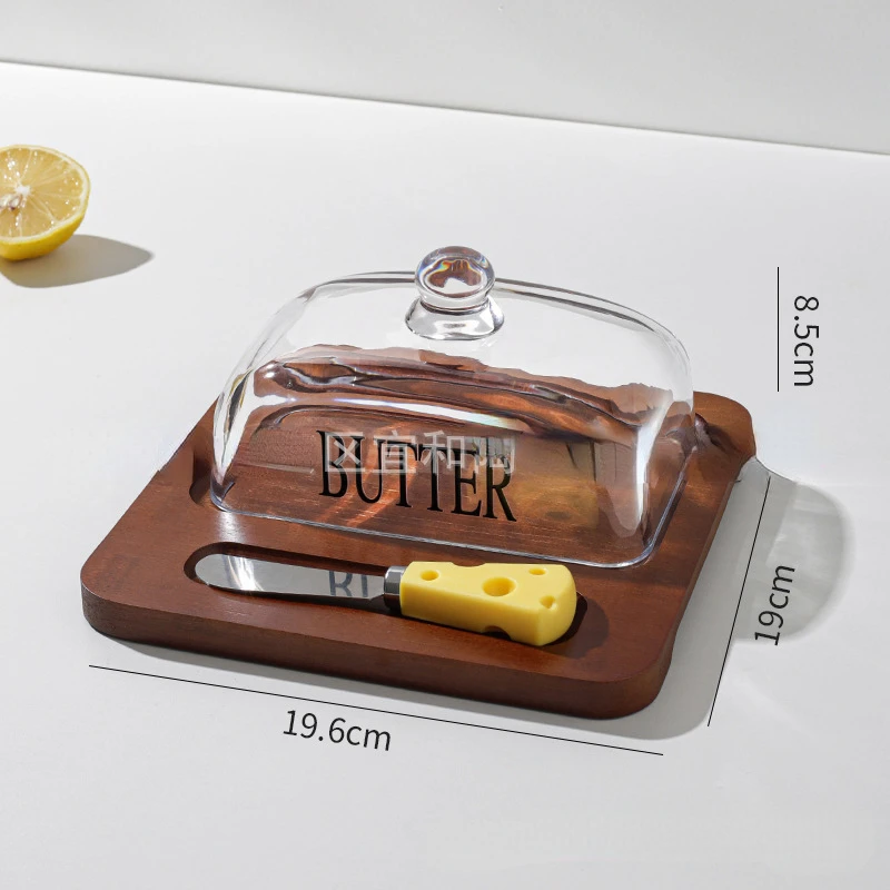 Wood Butter Dish With Glass Lid And Knife