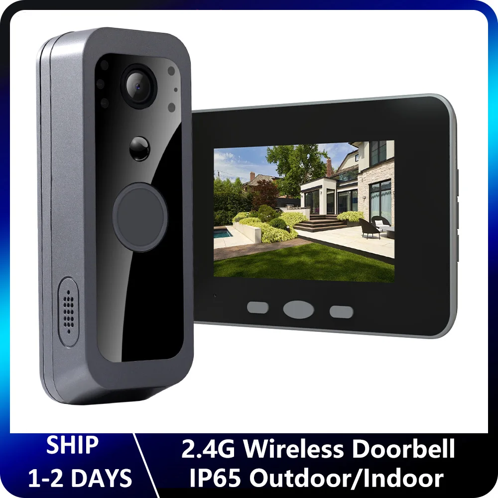 2.4G Wireless Audio Video Outdoor Waterproof Battery Powered Doorbell PIR Night Vision Camera with 4" Monitor APP NOT Required