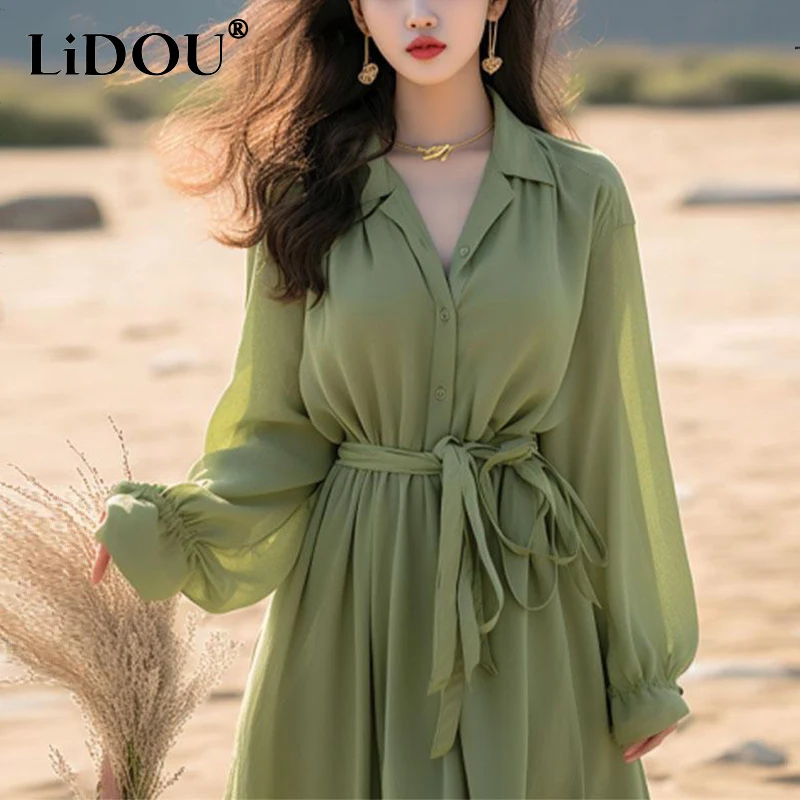 

Spring Autumn Polo-neck Elegant Fashion Chiffon Dress Female Solid Color Buttons Long Sleeve Robe Women's Lace Up Casual Vestido