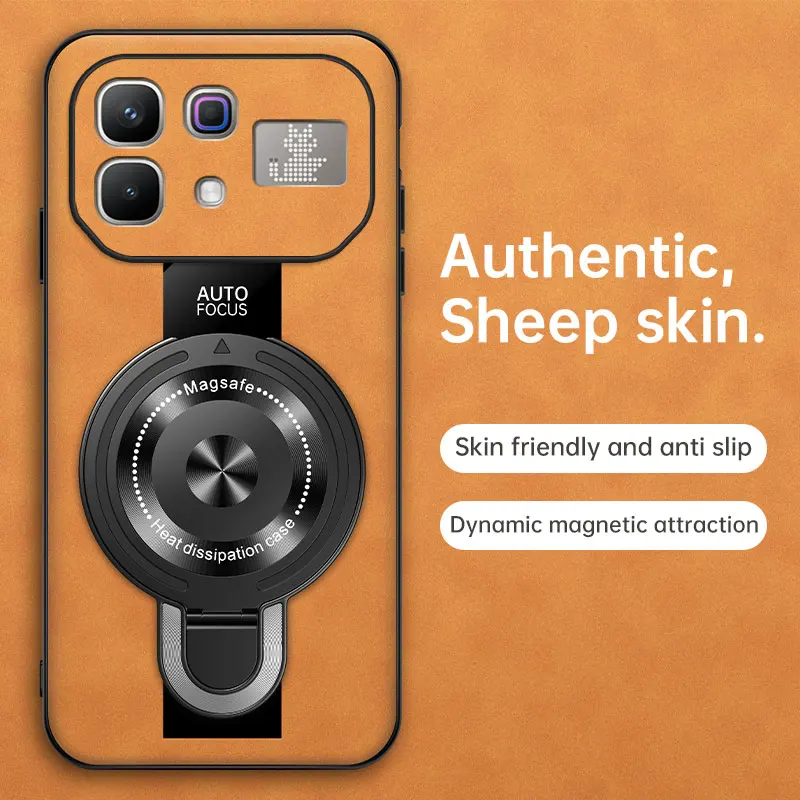 Magsafe Wireless Charging Magnetic Ring Holder Leather Case with Shockproof Soft Frame