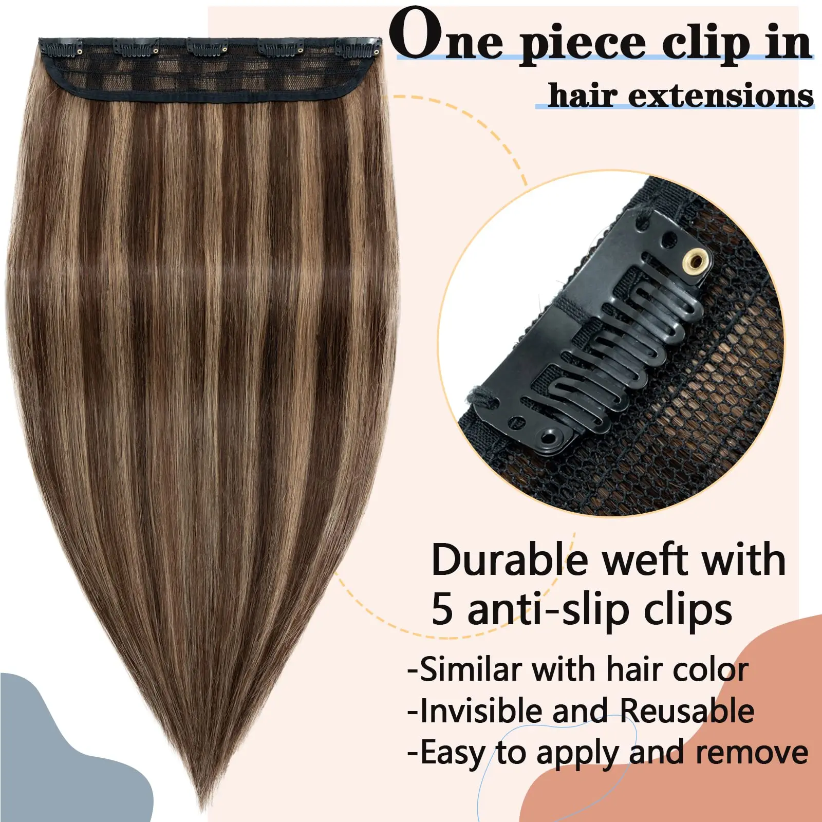 Clip in Human Hair Extensions One Piece/5 Clips 3/4 Full Head-Thicker Standard Weft #4/27 Medium Brown/Dark Blonde Huamn Hair