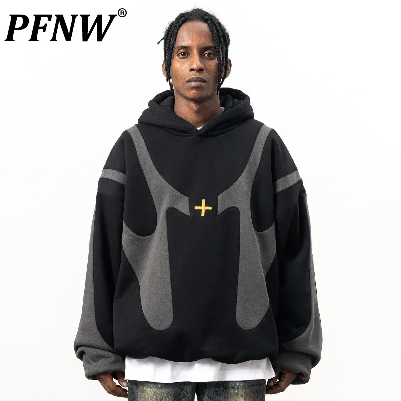 

PFNW Spliced Men's Hoodies Stitching Color Embroidery Male High Street Sweatshirts Casual Niche Design Pullover 2023 New 28W2433