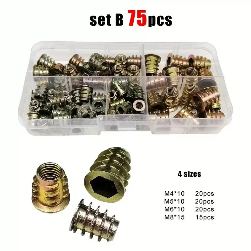 Threaded Insert Nut E-nut M4 M5 M6 M8 Set Kit 75pcs For Wood Furniture Bed Cabinet Table Embedded Hex Hexagon Socket Head