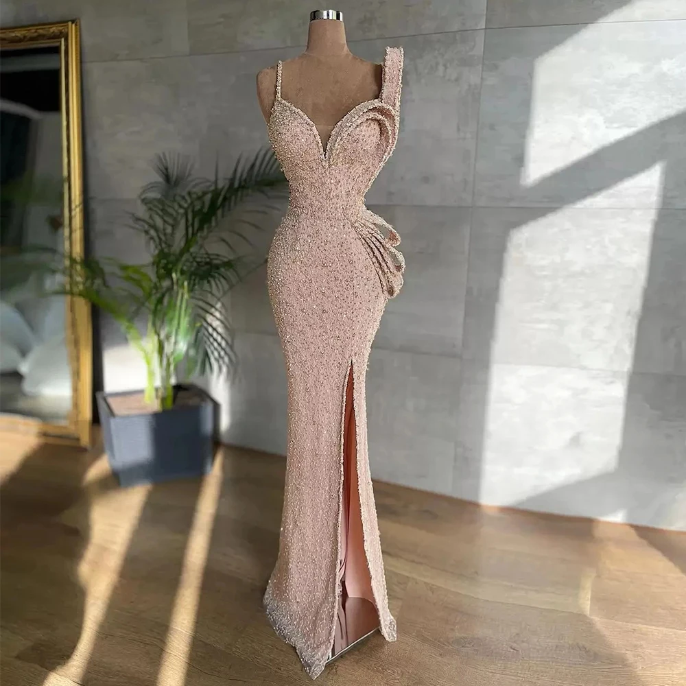 

Elegant Sparkling Beading Square Collar Sleeveless High Split Pastoral Prom Dresses Straps A-Line Evening Gown Floor Length 2023