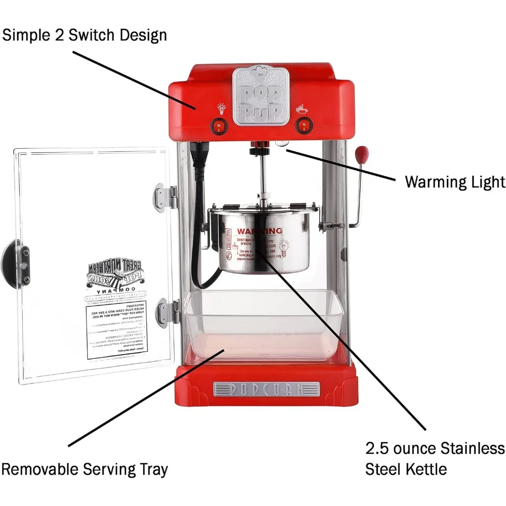 Pop Pup Countertop Popcorn Machine &ndash; Tabletop Popper Makes 1 Gallon &ndash; 2.5-Ounce Kettle, Catch Tray Warming Light & Scoop, Red