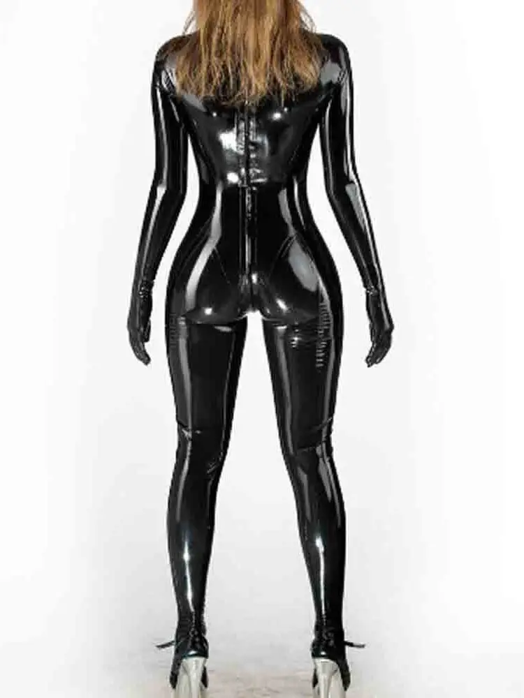 Wet Look PVC Catsuit Shiny PU Leather Cosplay Fingers Pantyhose Bodystocking Tights Sexy Open Crotch Bodysuit Clubwear Conjoined 2