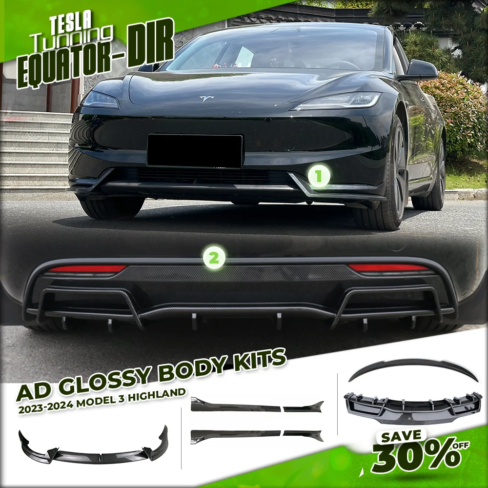 Tesla Body Kit For Model 3 Highland AD Rear Diffuser Side Spillter Spoiler Front Bumper Lip Glossy Carbon Tesla 2024 Auto Tuning