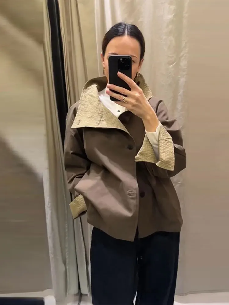 Veste réversible pour femme, col montant uni, élégante, à simple boutonnage, manches longues, à carreaux, nouvelle collection automne-hiver 2026.