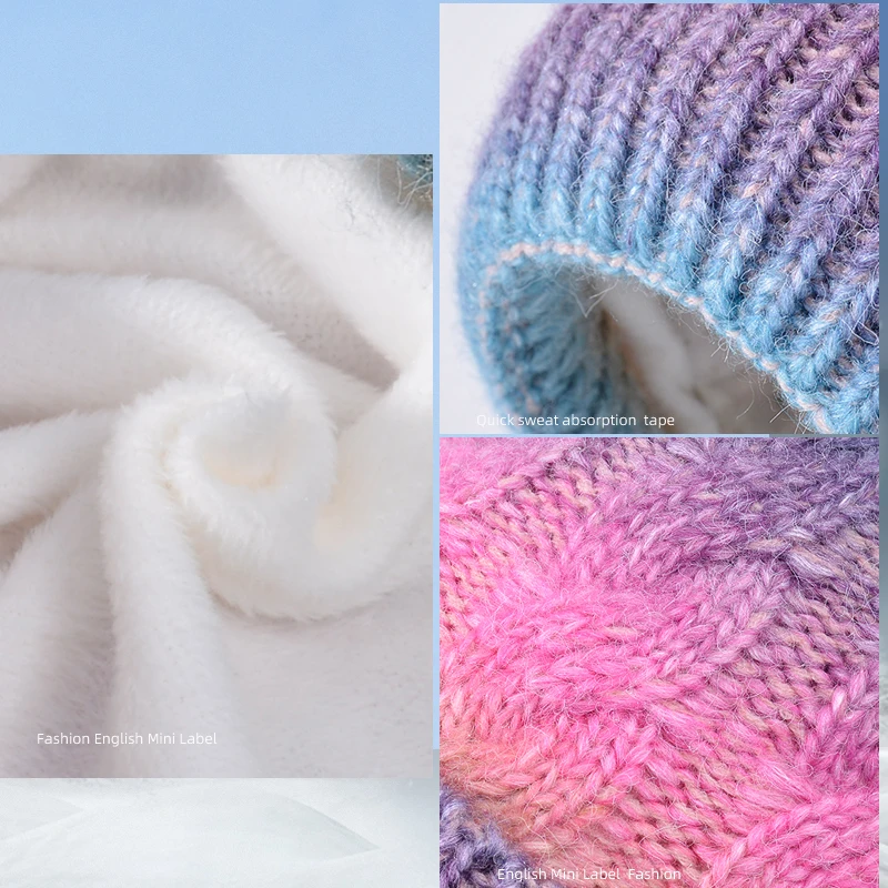 Winter Women Gradient Color Knitted Hat Scarf Set Thickened Fleece Lining Skullcap Outdoor Cycling Wind Protection Beanies Cap 5