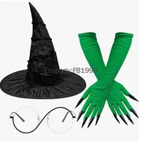 Halloween Evil Witch Costume Set for Women Gothic Wizard Cosplay Green Claw Gloves Sharp Hat Set Adult Carnival Party Dress Up 3