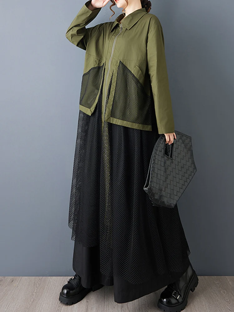 Mesh Patchwork Zipper Oversized Shirt Dresses For Women New Long Sleeve Loose Casual Vintage Dress Clothing Spring Autumn 2026