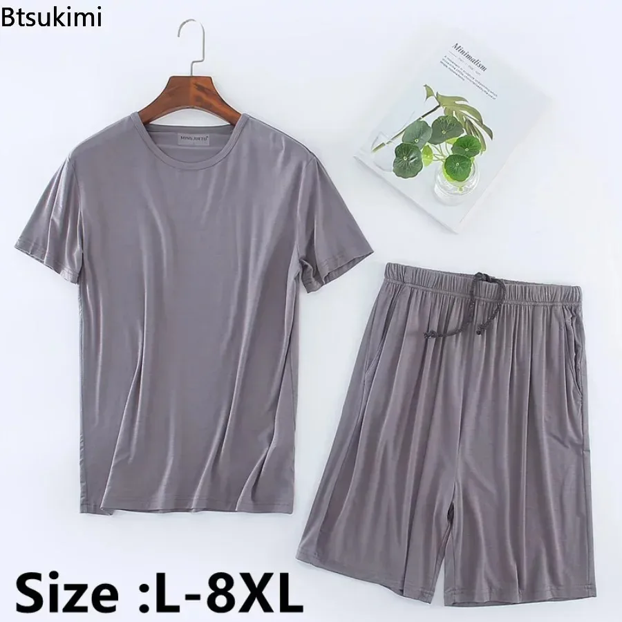 

2024 Men's Summer Casual Sleepwear Sets Solid HomeWear Suits 2pcs Modal T-shirt and Shorts Oversized Summer Pajamas Male L-8XL