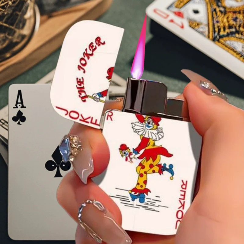 NEW Funny Metal Lighter Windproof Pink Flame Spray Poker Pattern Cute Lighter Smoking Accessories Gift for Men