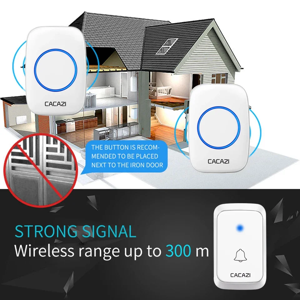 CACAZI Wireless Doorbell Waterproof 300M Remote Bell 6 Button 1 Receiver LED Smart Home Call Bell 58 Chime Hotel Ringbell 220V