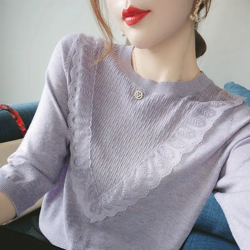 

Women's Solid Pullover Round Neck Lace Patchwork Knitted Autumn New Thin Loose Office Lady 3/4 Sleeve Printing Sweater Tops